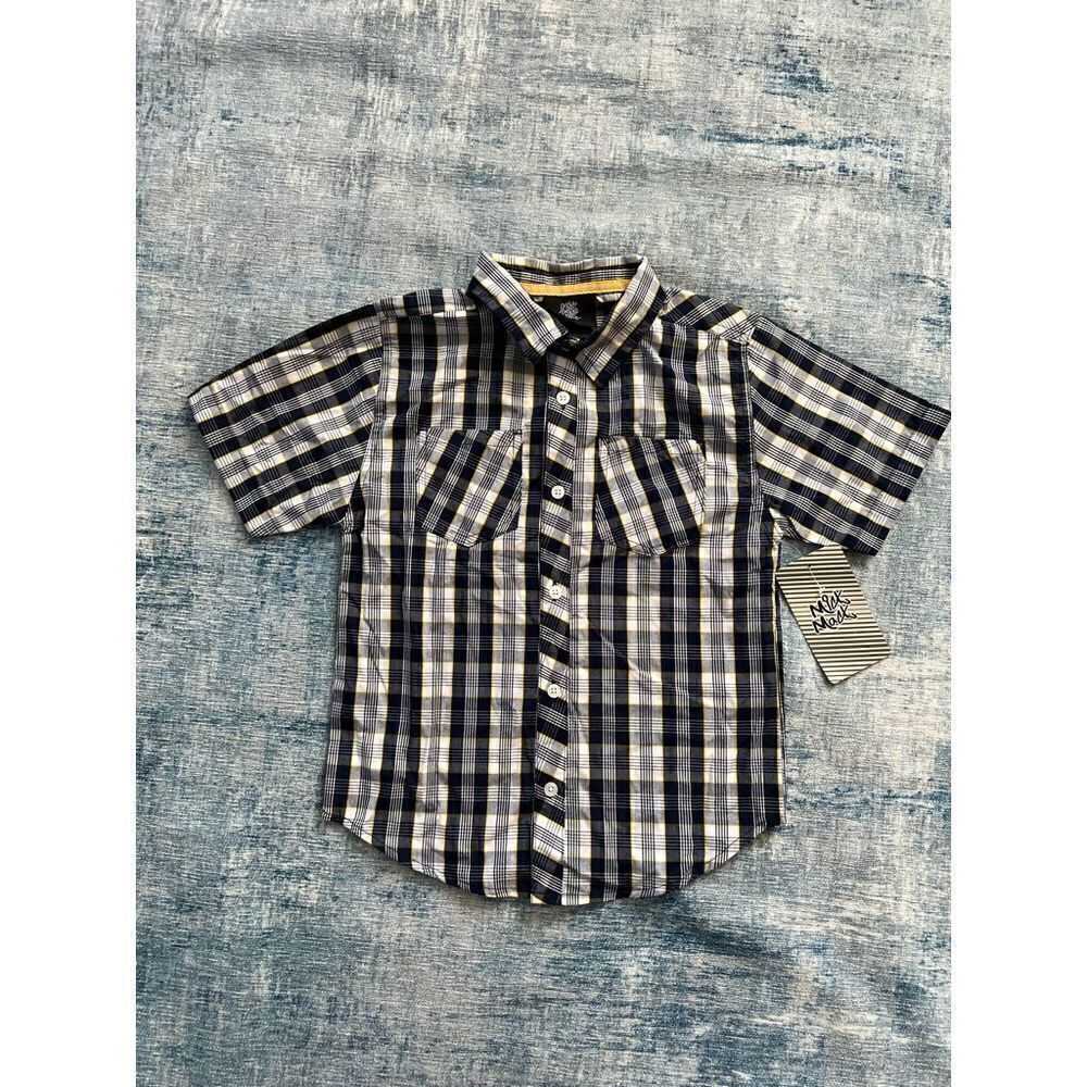NWT! Mick Mack Dark Blue White Yellow Plaid Short Sleeve Button Down Size 7